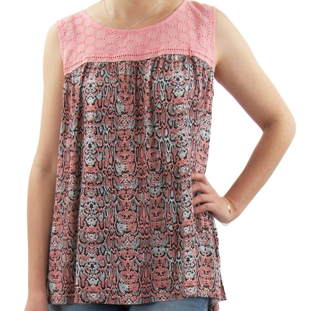 Animal Print Eyelet Yoke Sleeveless Top